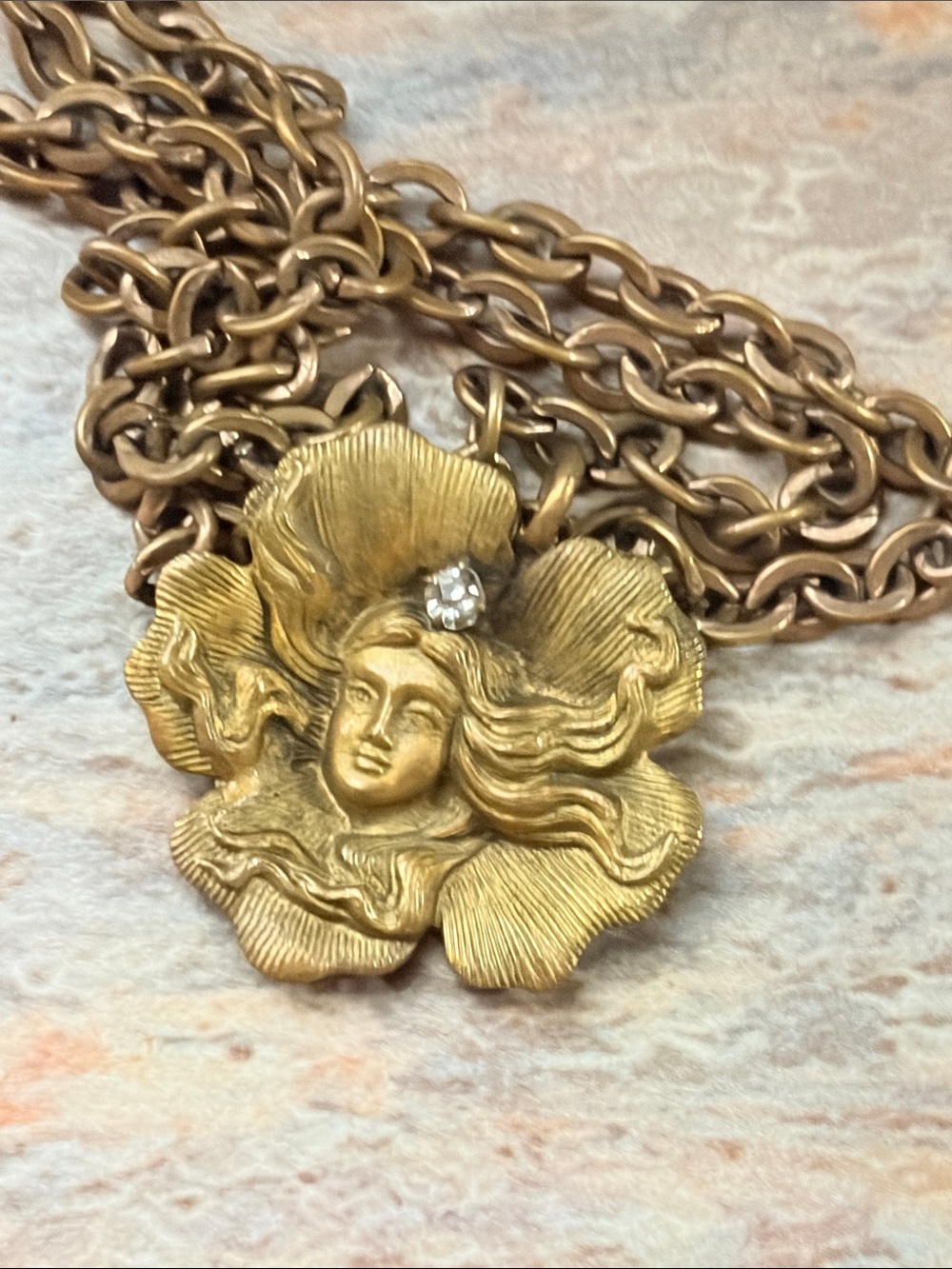 Art Nouveau Antique Lady With Flowing Hair Pendant On Short Chain
